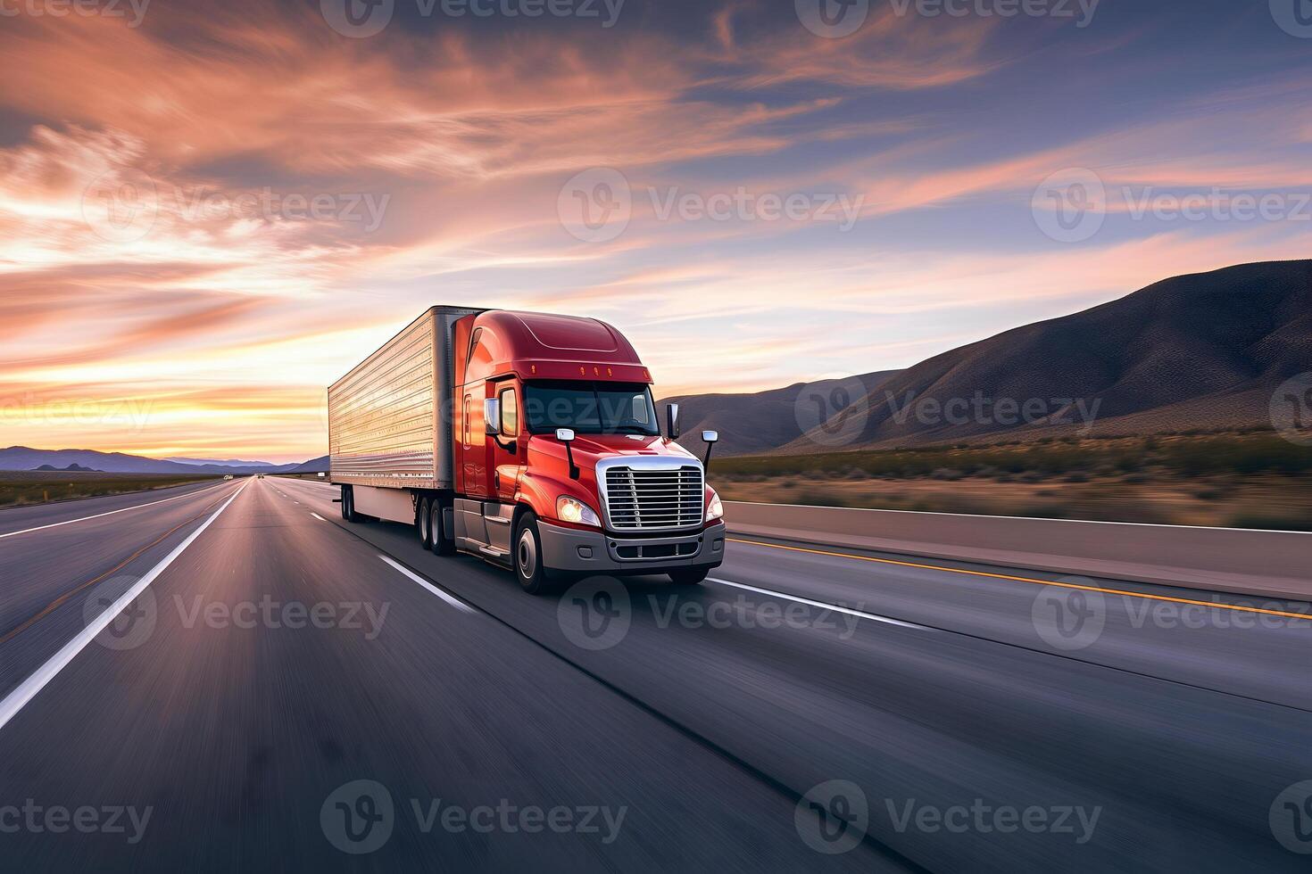 AI generated American long-nose semitruck on a highway photo
