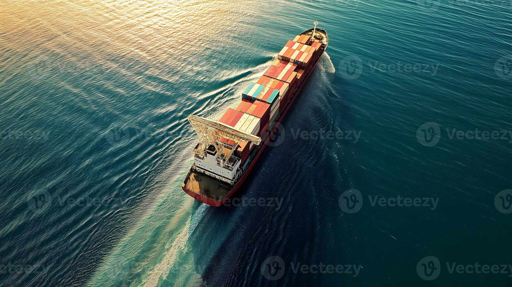 AI generated cargo ship full of standard shipping containers at the sea during shipping at day time photo