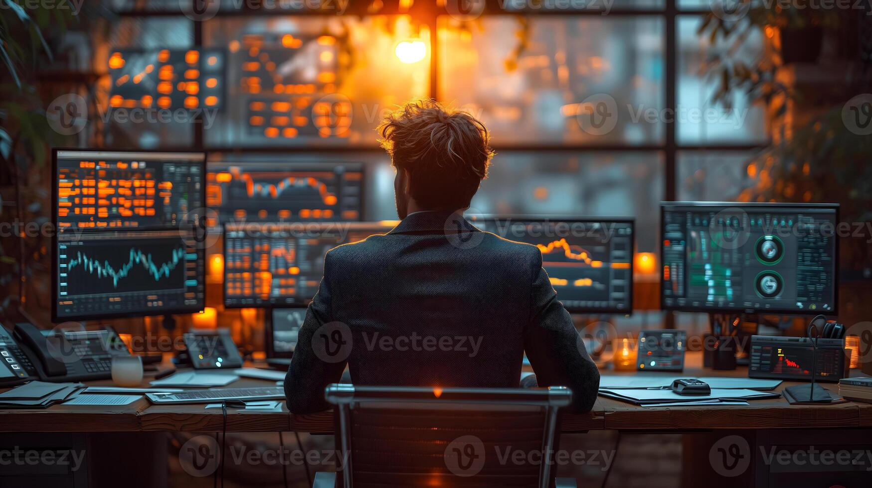 AI generated Back view of a financial analyst day trader working on computer with many screens that shows real-time stock data. photo