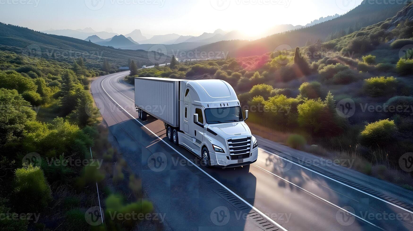 AI Generated American long-nose semitruck on a highway photo