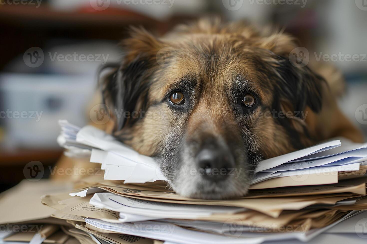 AI generated dog in an office, overwhelmed by a mountains of paperwork photo