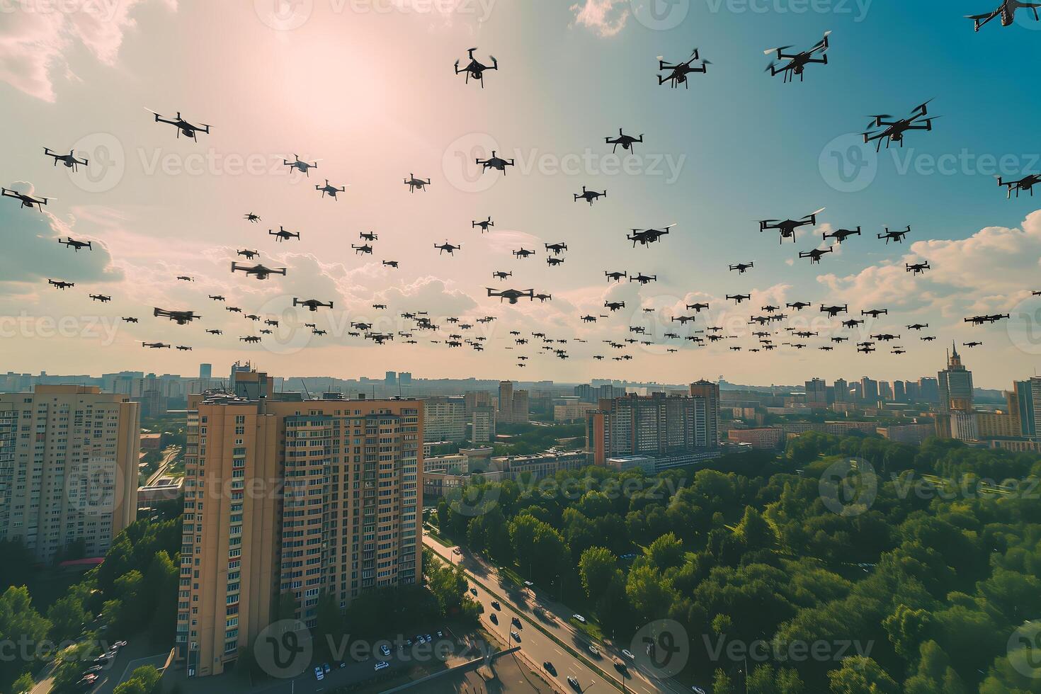 AI generated swarm of drones over city at summer morning photo