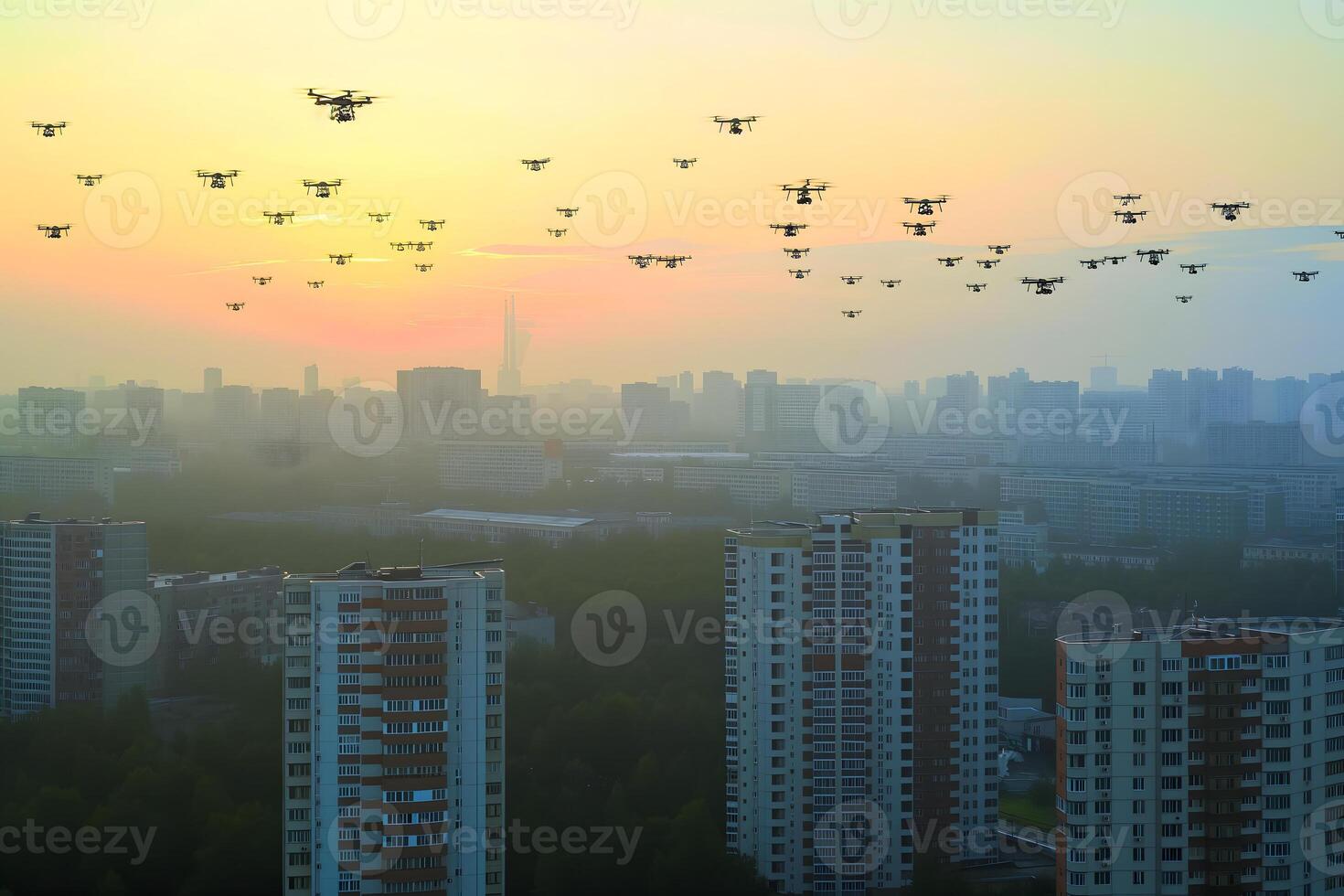 AI generated group of drones over city at summer morning photo