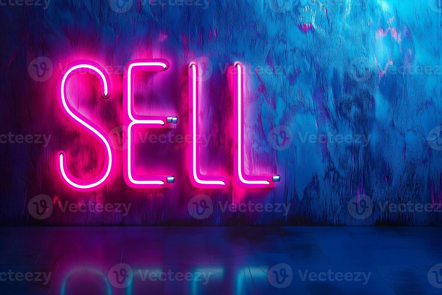 AI generated neon inscription word sell on dark shabby wall photo