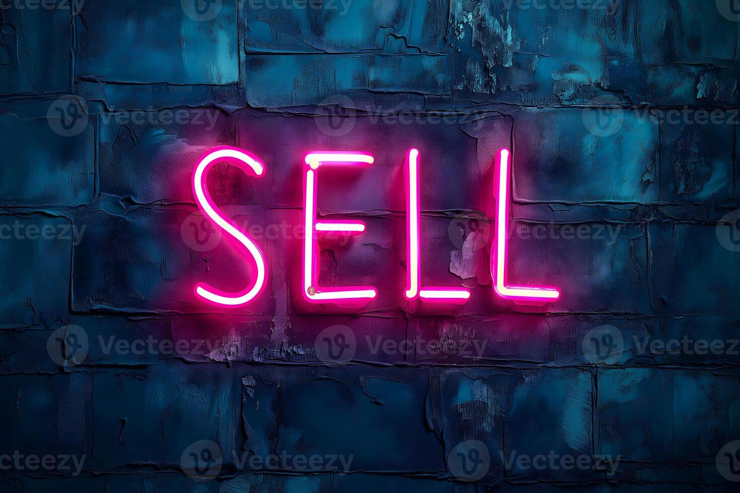 AI generated neon inscription word sell on dark shabby wall photo