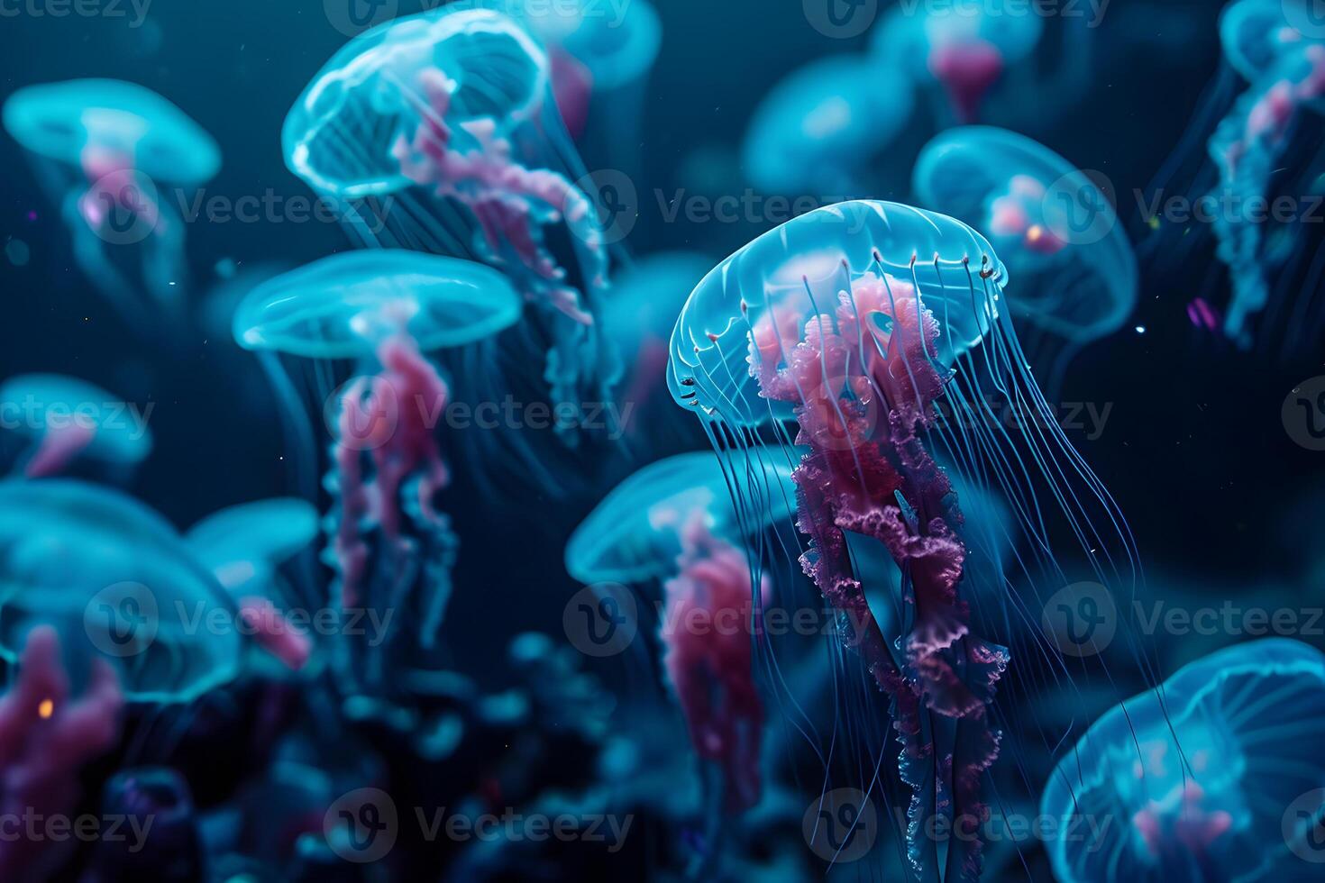 AI generated glowing sea jellyfishes on dark background, neural network generated image photo