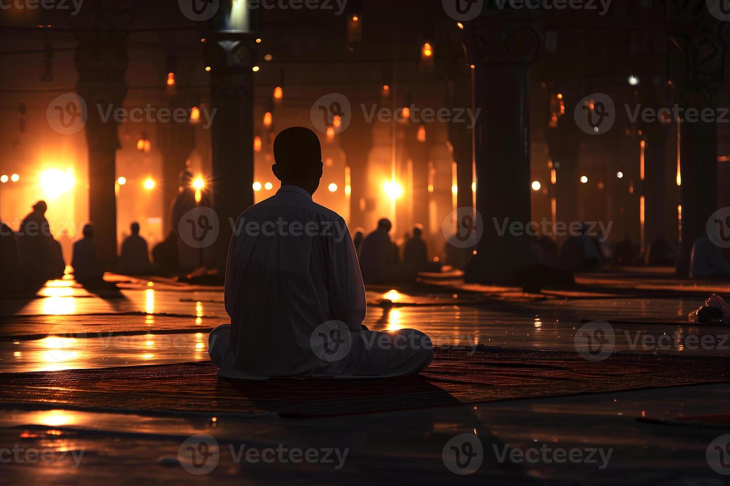 AI generated Muslim prayer sitting in a mosque at Ramadan night with selective focus, neural network generated image photo