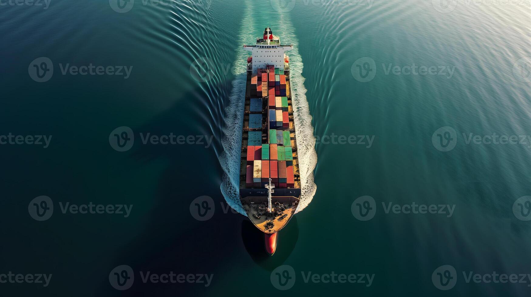 AI generated cargo ship full of standard shipping containers at the sea during shipping at day time photo