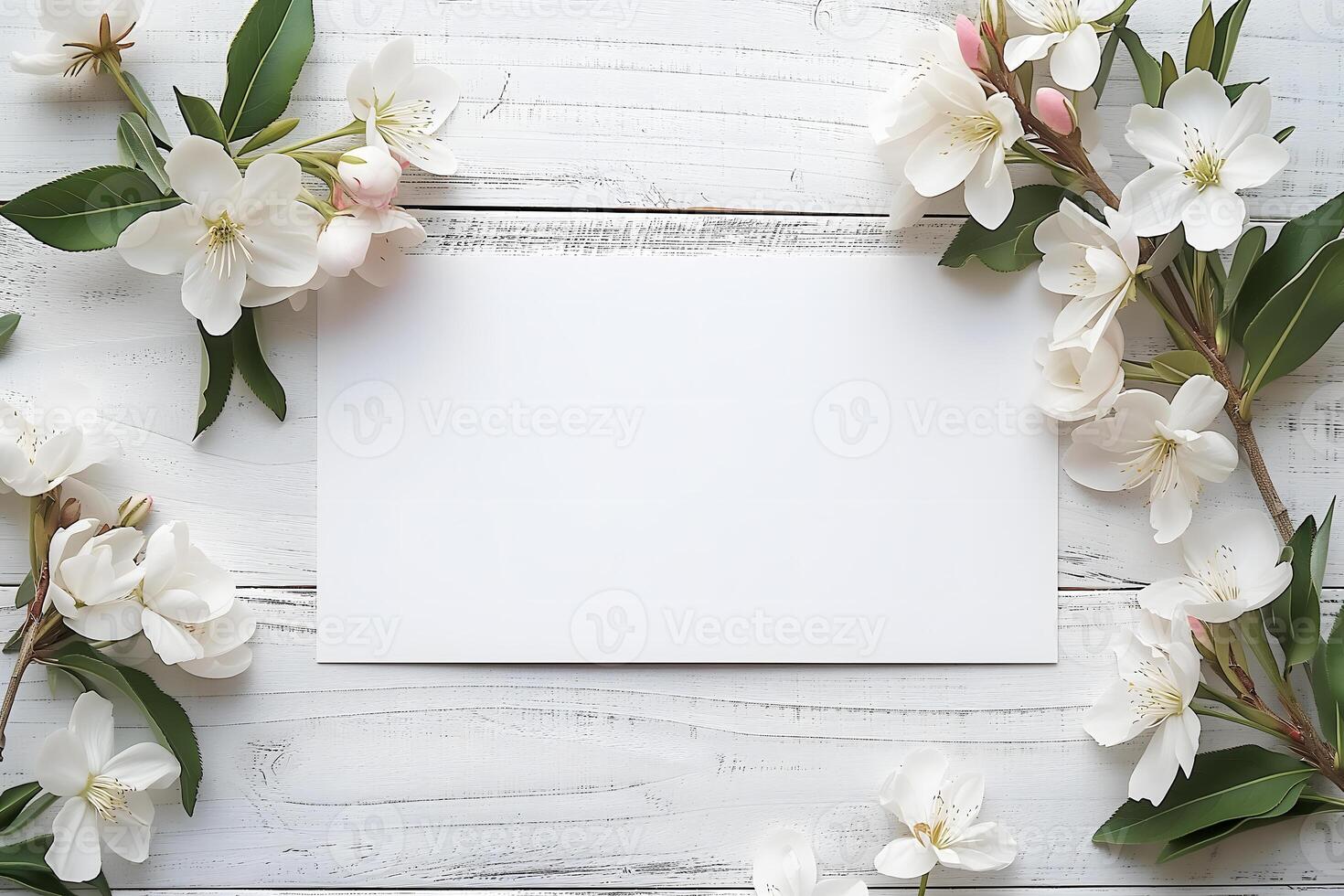 AI generated white greeting card with flowers mock up high angle view directly above decoration photo