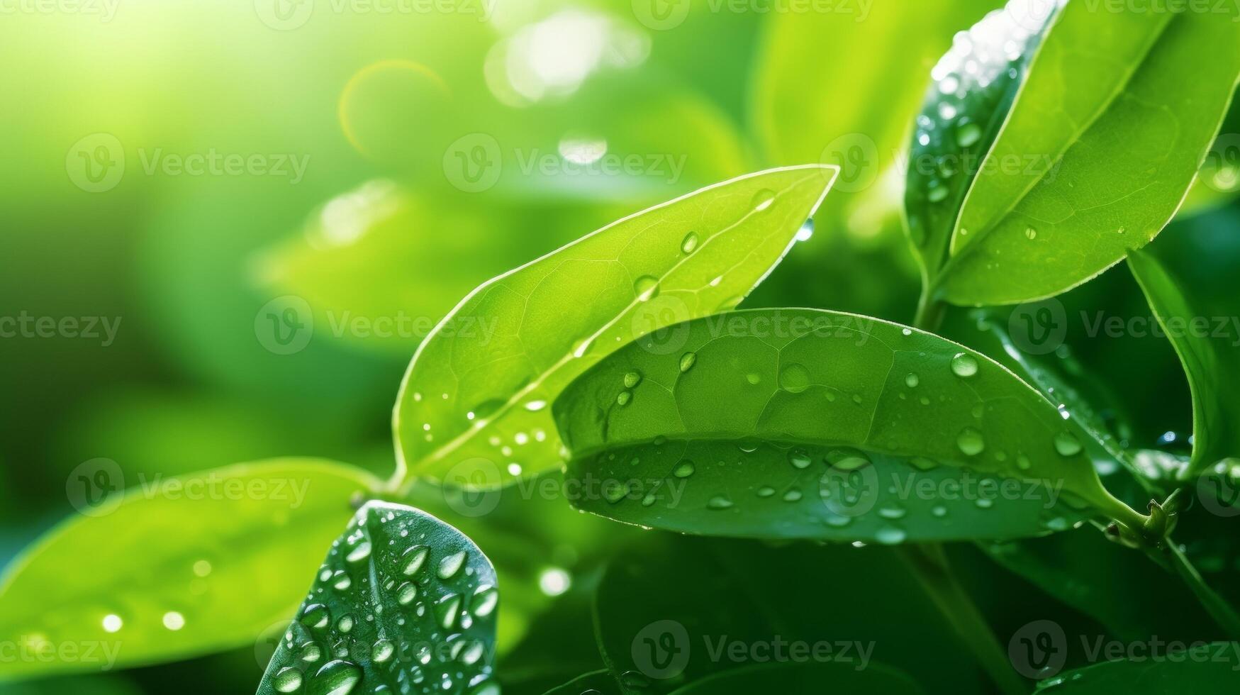 AI generated A close-up of a green leaf with water droplets under sunlight, highlighting the intricate patterns and fresh appearance of the foliage photo