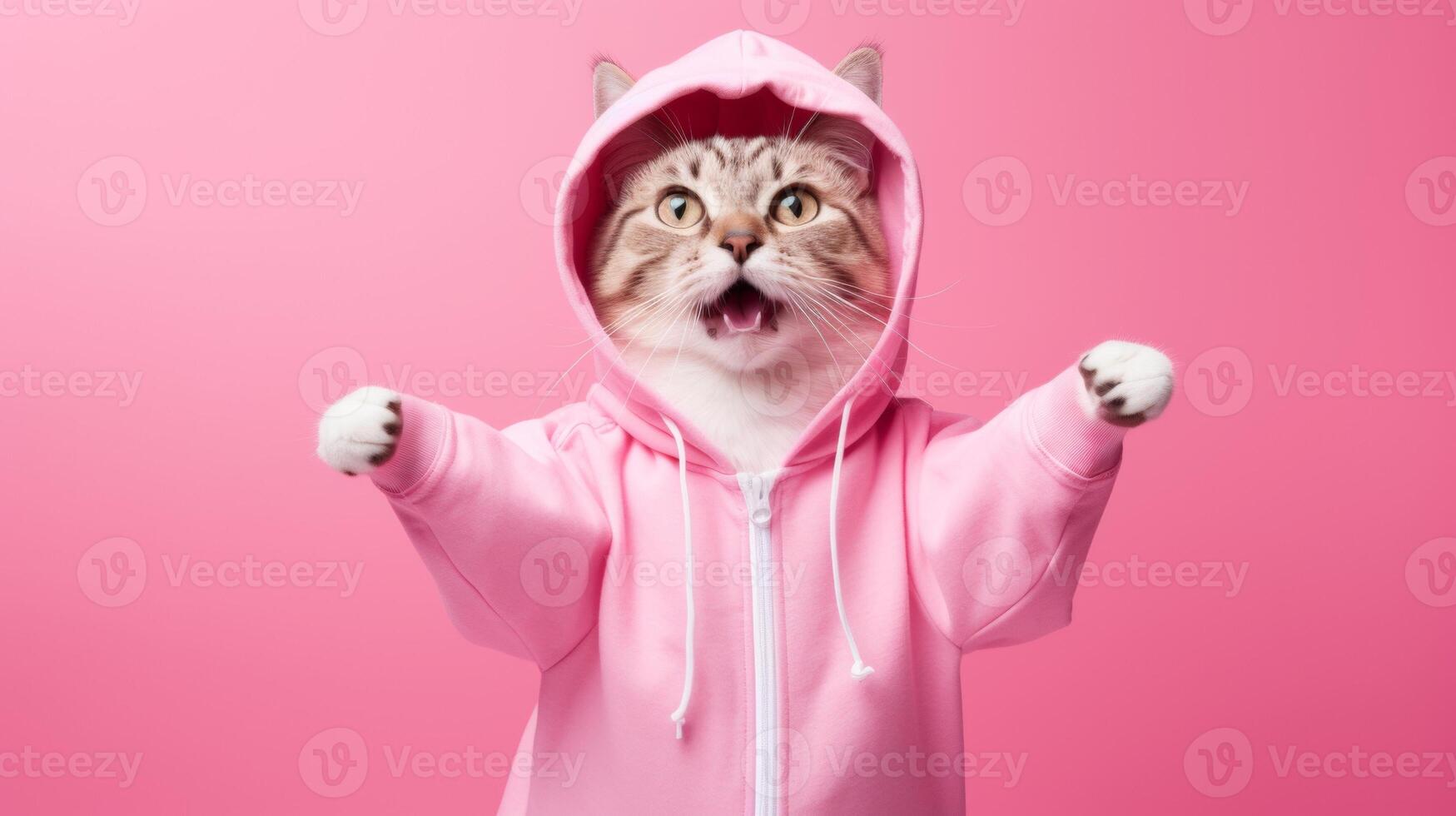AI generated Fashion-forward cat in sunglasses and hoodie strikes a playful pose on a pink background, with ample space for your text photo
