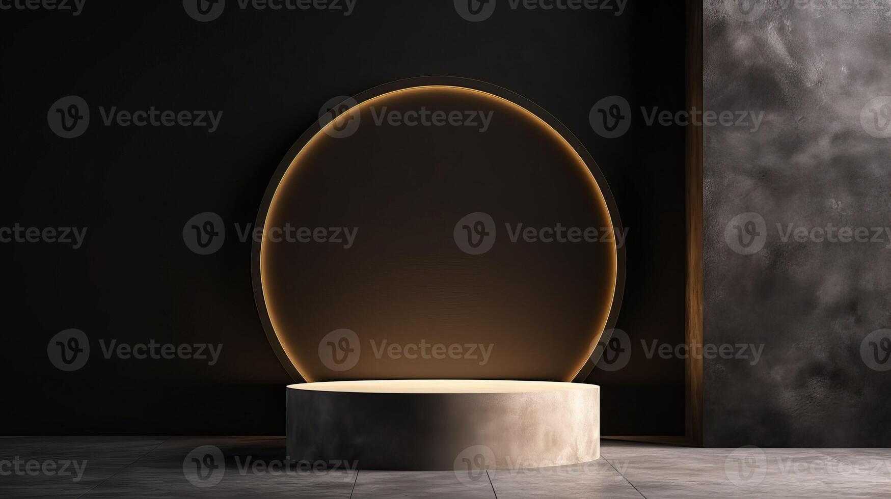 AI generated A modern round podium with golden edges on a dark textured background, ideal for showcasing cosmetic products photo
