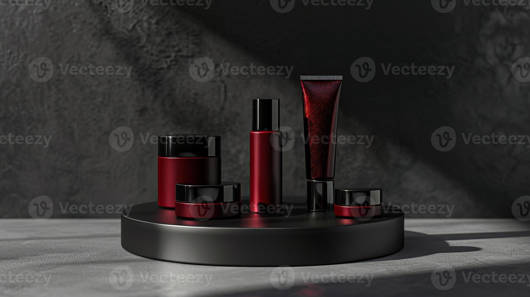 AI generated Red cosmetic tubes and jars on a circular pedestal with dark shadows, dramatic lighting, and leaf silhouette. Mockup, template photo