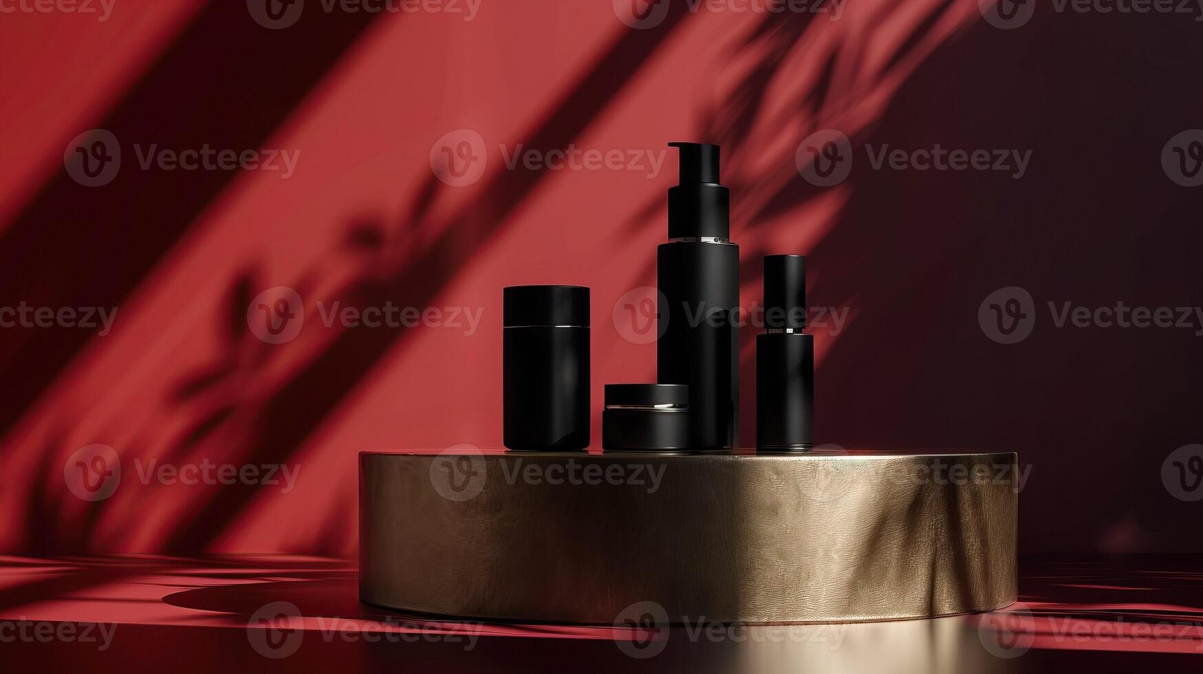 AI generated Black beauty products on a circular pedestal against a red backdrop with dramatic light and shadow play. Mockup, template photo