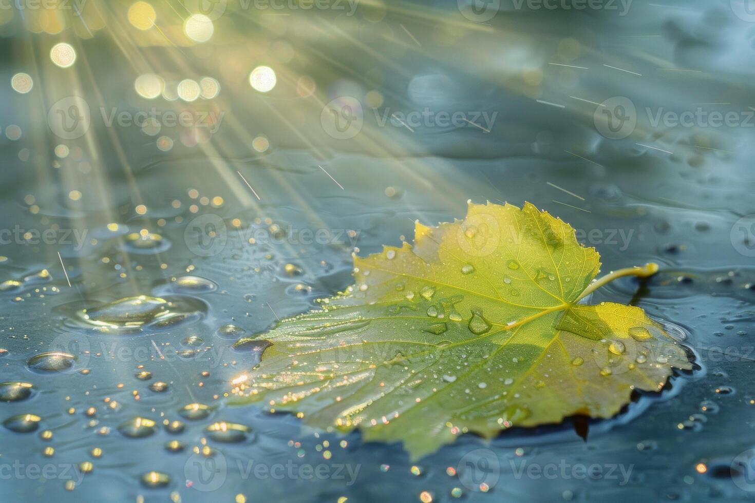 AI generated A close-up of a green leaf with water droplets under sunlight, highlighting the intricate patterns and fresh appearance of the foliage photo