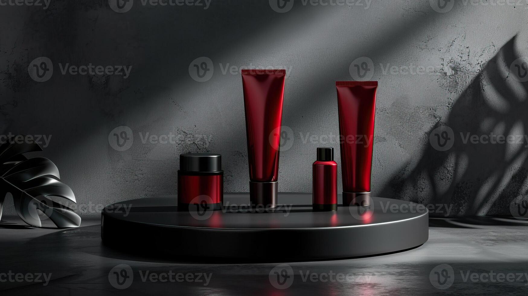 AI generated Red cosmetic tubes and jars on a circular pedestal with dark shadows, dramatic lighting, and leaf silhouette. Mockup, template photo