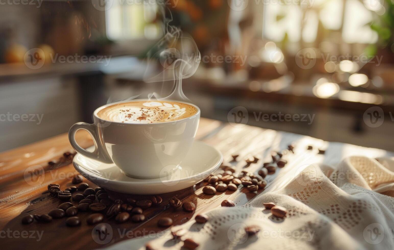 AI generated A steaming cup of coffee with latte art on a saucer decorated with coffee beans, on a rustic wooden table in a cozy kitchen setting photo