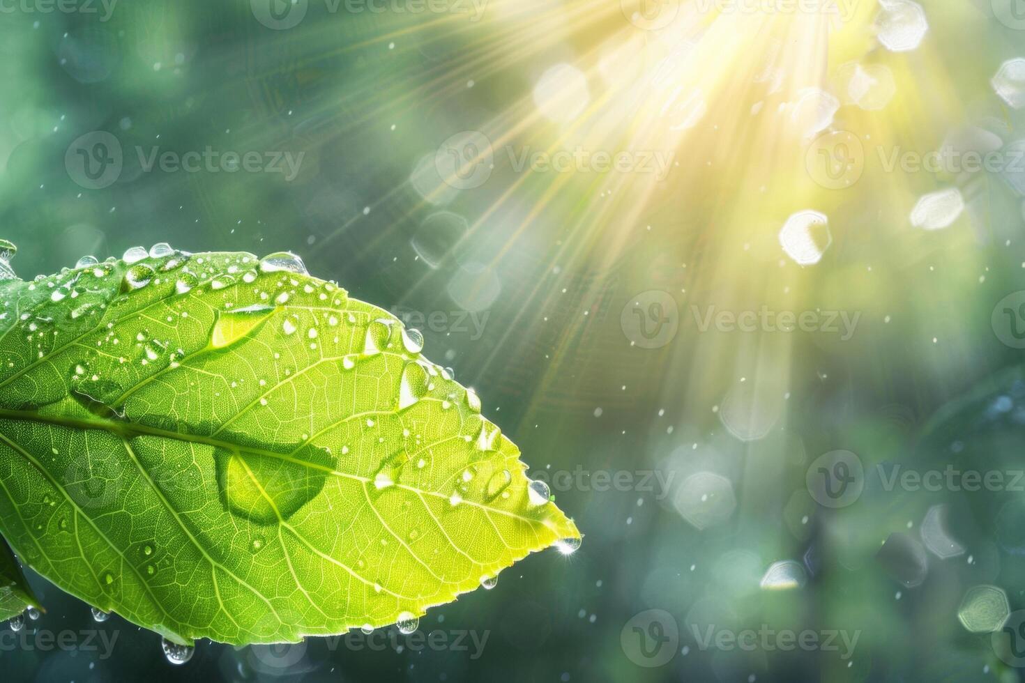 AI generated A close-up of a green leaf with water droplets under sunlight, highlighting the intricate patterns and fresh appearance of the foliage photo
