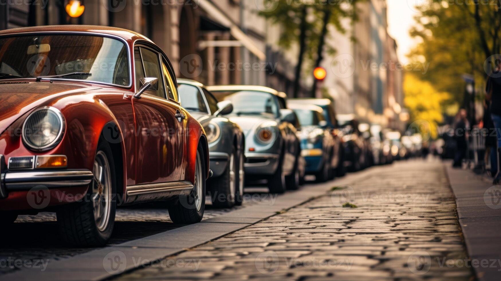 ai generado un vibrante póngase en fila de clásico músculo carros, jactancia lustroso pintar y cromo detalles, simboliza americano automotor historia y cultura foto