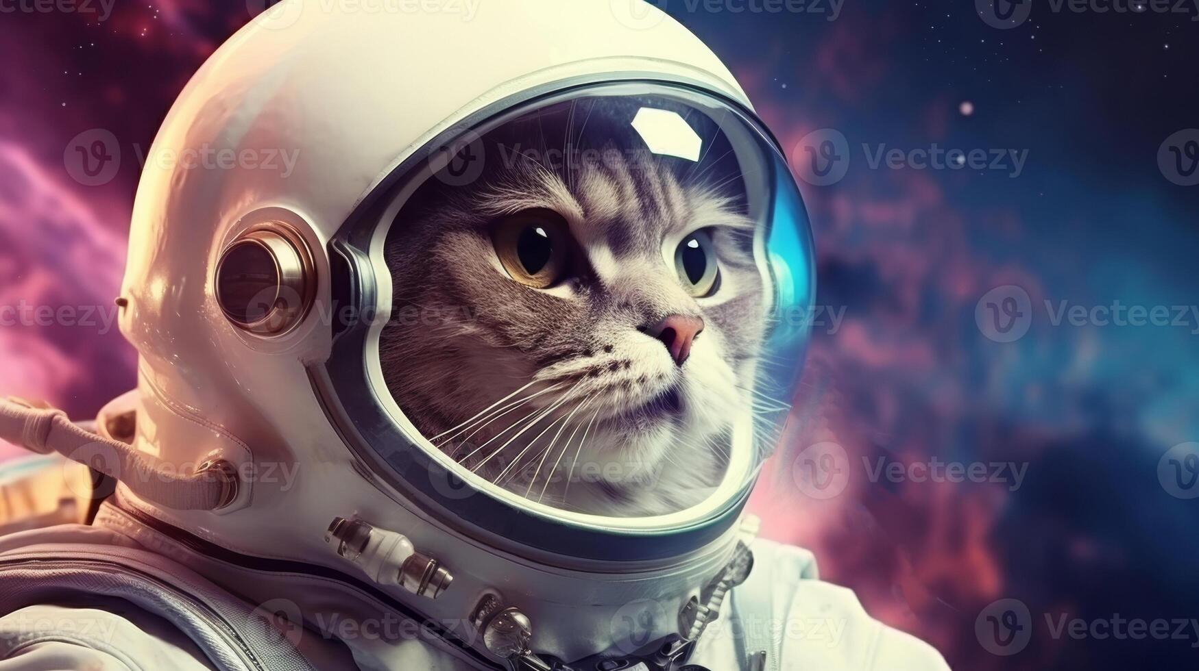AI generated A cat in an astronaut helmet gazes into space, with cosmic backgrounds of stars and nebulae. The image displays a creative blend of sci-fi and pet themes photo