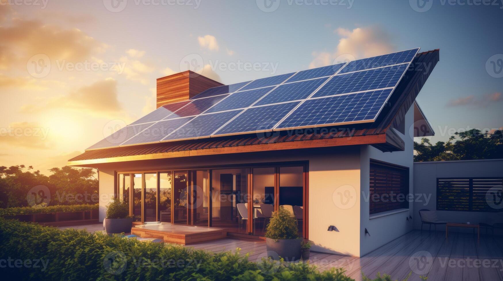 AI generated A modern house with a solar panel installation on the roof at sunset, depicting sustainable living and renewable energy photo