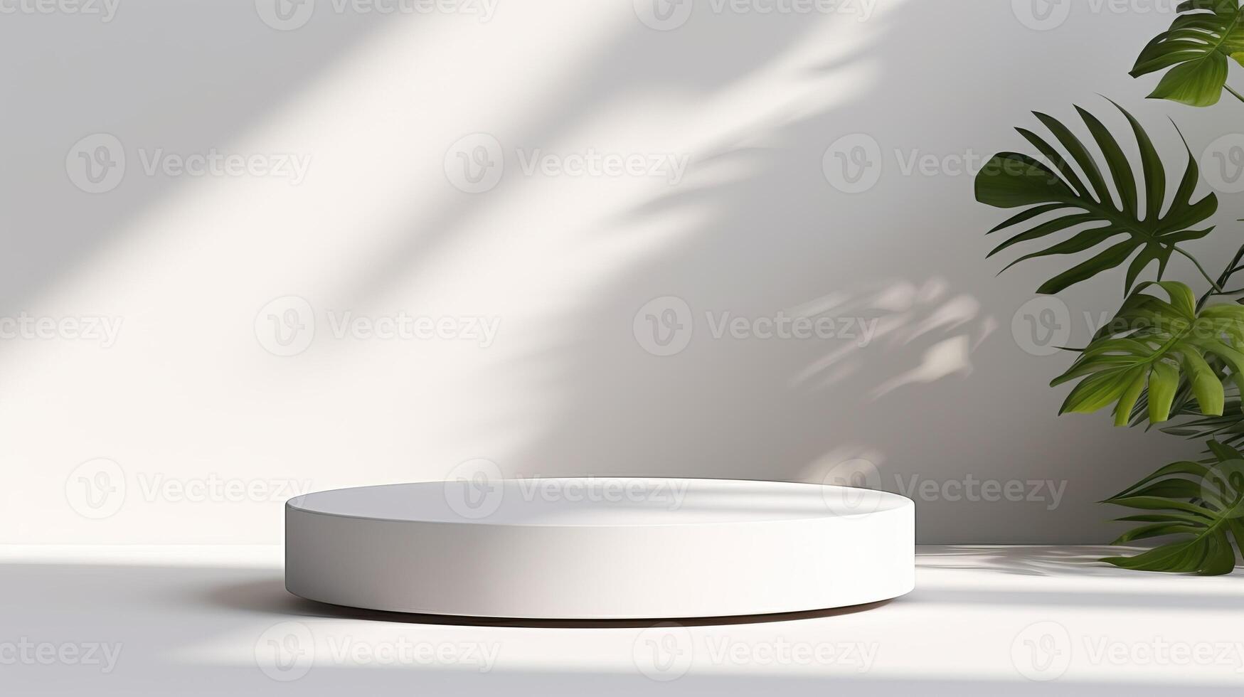 AI generated White pedestal podium in a bright room with sun rays and a monstera leaf, ideal for product display, Mockup, template photo