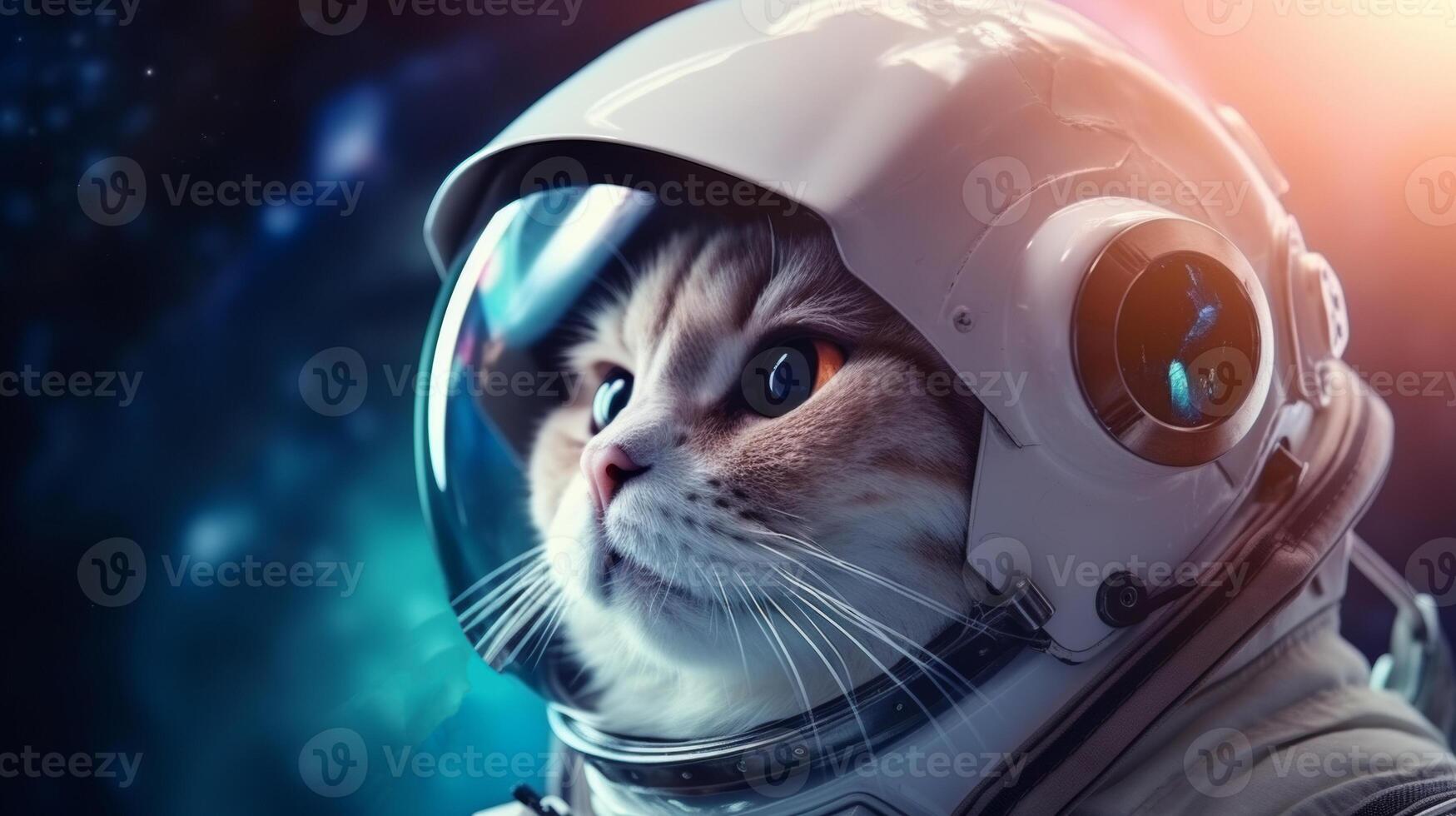 AI generated A cat in an astronaut helmet gazes into space, with cosmic backgrounds of stars and nebulae. The image displays a creative blend of sci-fi and pet themes photo