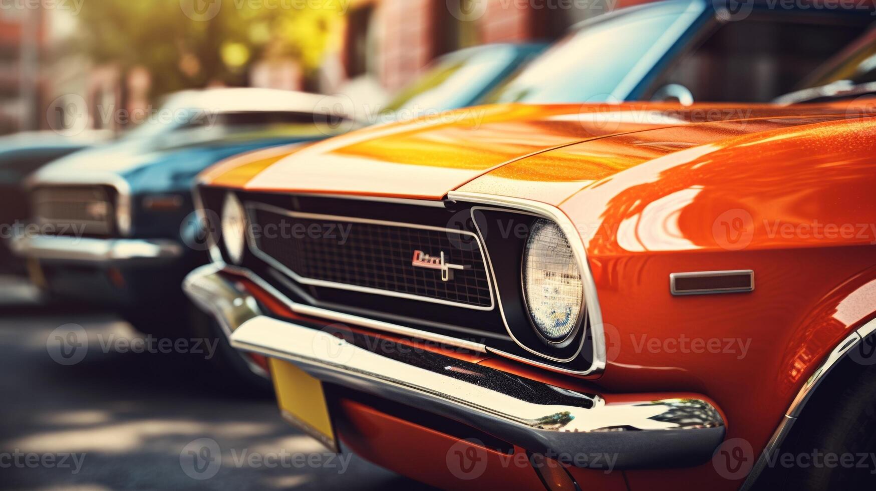 AI generated A vibrant lineup of classic muscle cars, boasting lustrous paint and chrome details, symbolizes American automotive history and culture photo