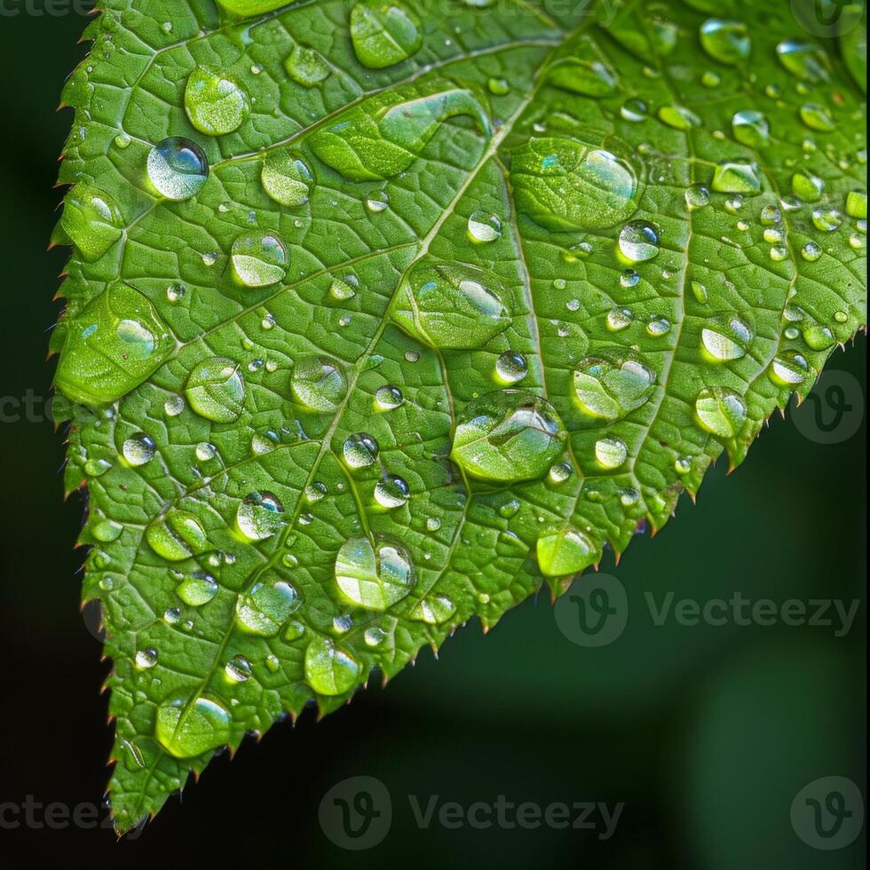 AI generated A close-up of a green leaf with water droplets under sunlight, highlighting the intricate patterns and fresh appearance of the foliage photo