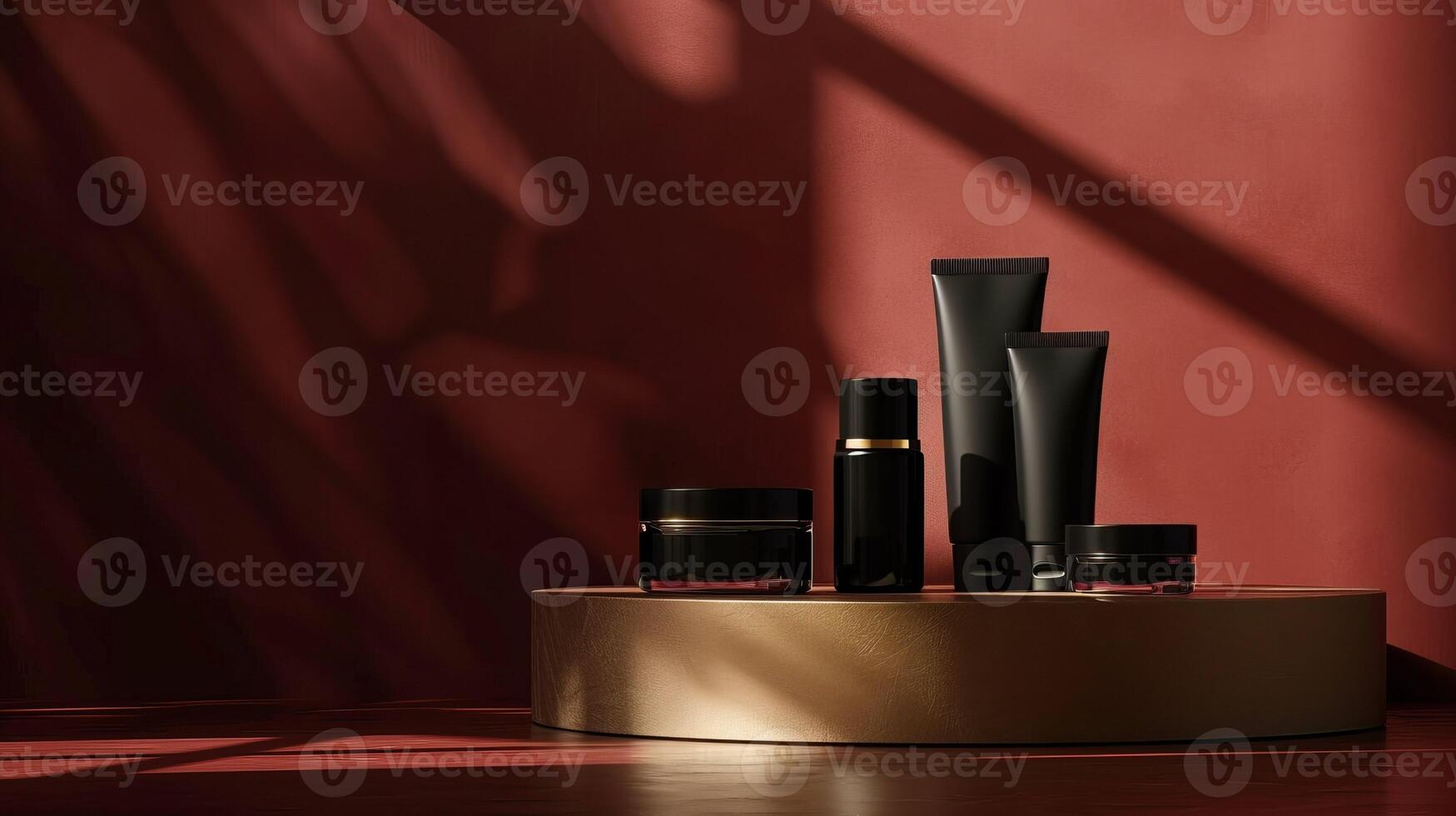 AI generated Black beauty products on a circular pedestal against a red backdrop with dramatic light and shadow play. Mockup, template photo