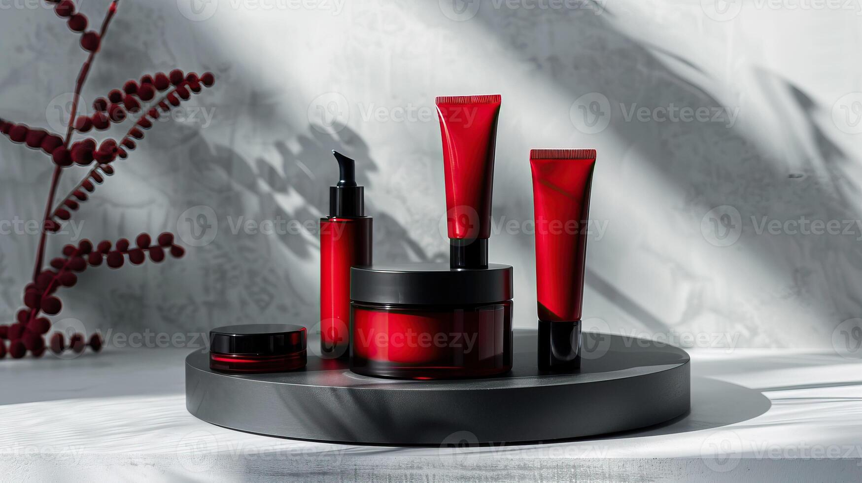 AI generated A collection of red cosmetic packaging mockups on a gray platform with shadow patterns cast on a light background. Mockup, template photo