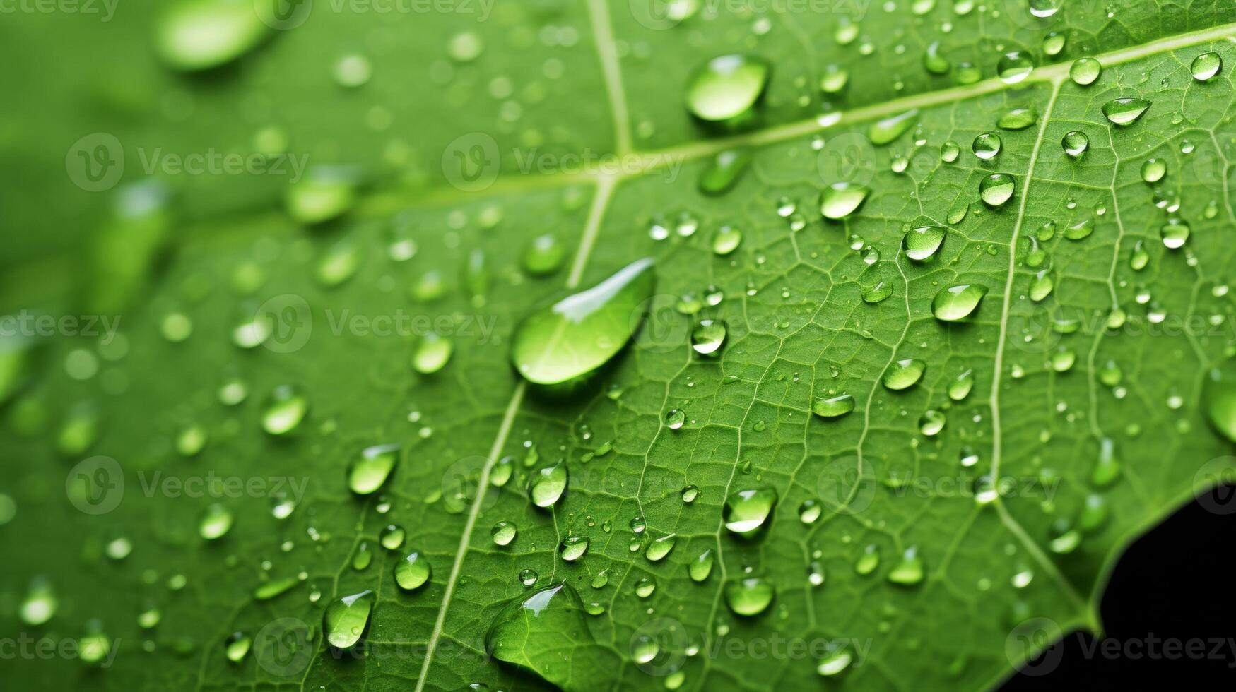 AI generated A close-up of a green leaf with water droplets under sunlight, highlighting the intricate patterns and fresh appearance of the foliage photo