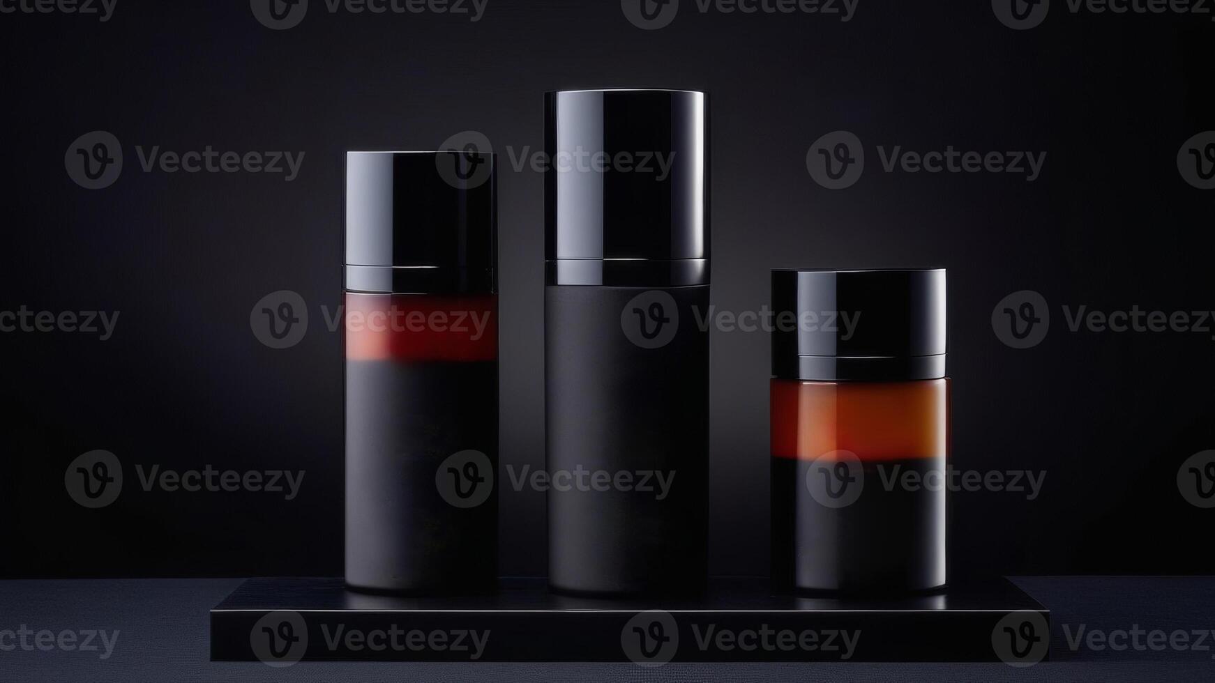 AI generated Black skin care products on a dark round podium stand with copy space and place for text, mockup, template, on a black to gray gradient background photo