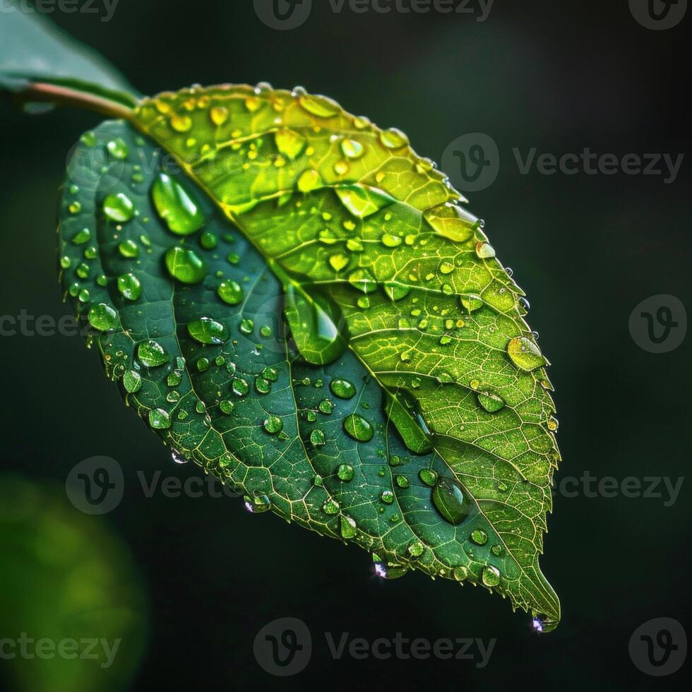 AI generated A close-up of a green leaf with water droplets under sunlight, highlighting the intricate patterns and fresh appearance of the foliage photo