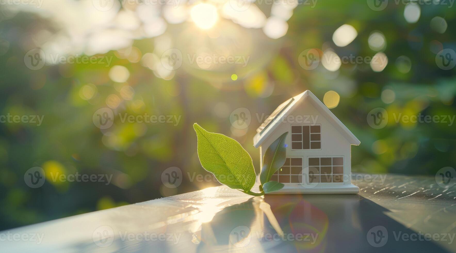 AI generated A model house with a green leaf on the roof is placed next to solar panels with a bright, sunlit background, symbolizing eco-friendly energy solutions for smart homes photo