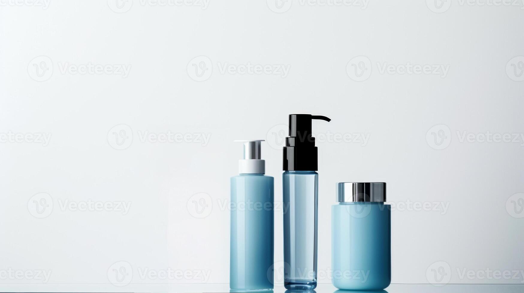 AI generated A trio of sleek cosmetic bottles with a minimalist design on a muted backdrop, perfect for branding photo