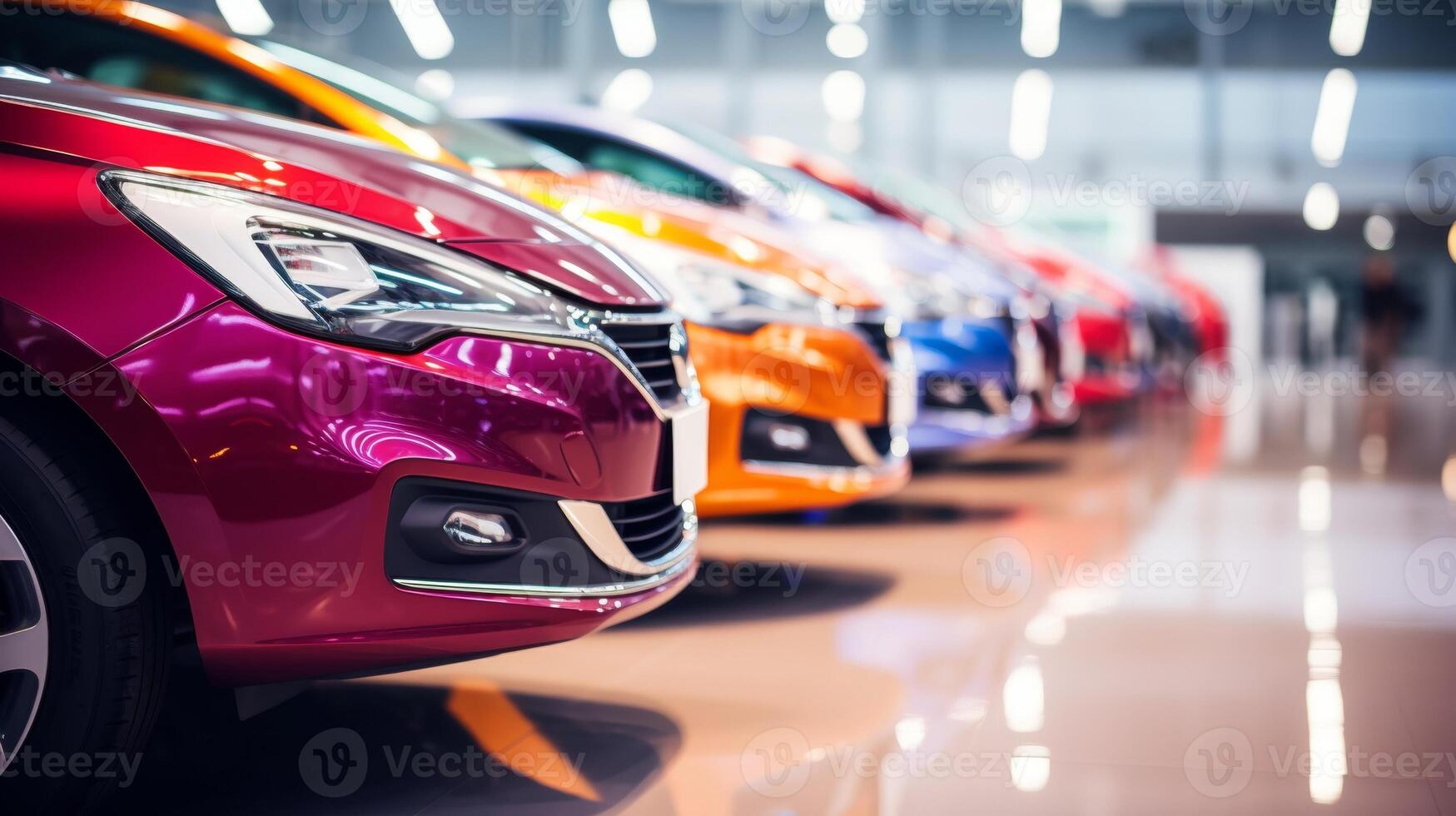 AI generated A close-up view of a shiny red car in a showroom with other vehicles in the background. The focus is on the front headlight and grille area photo