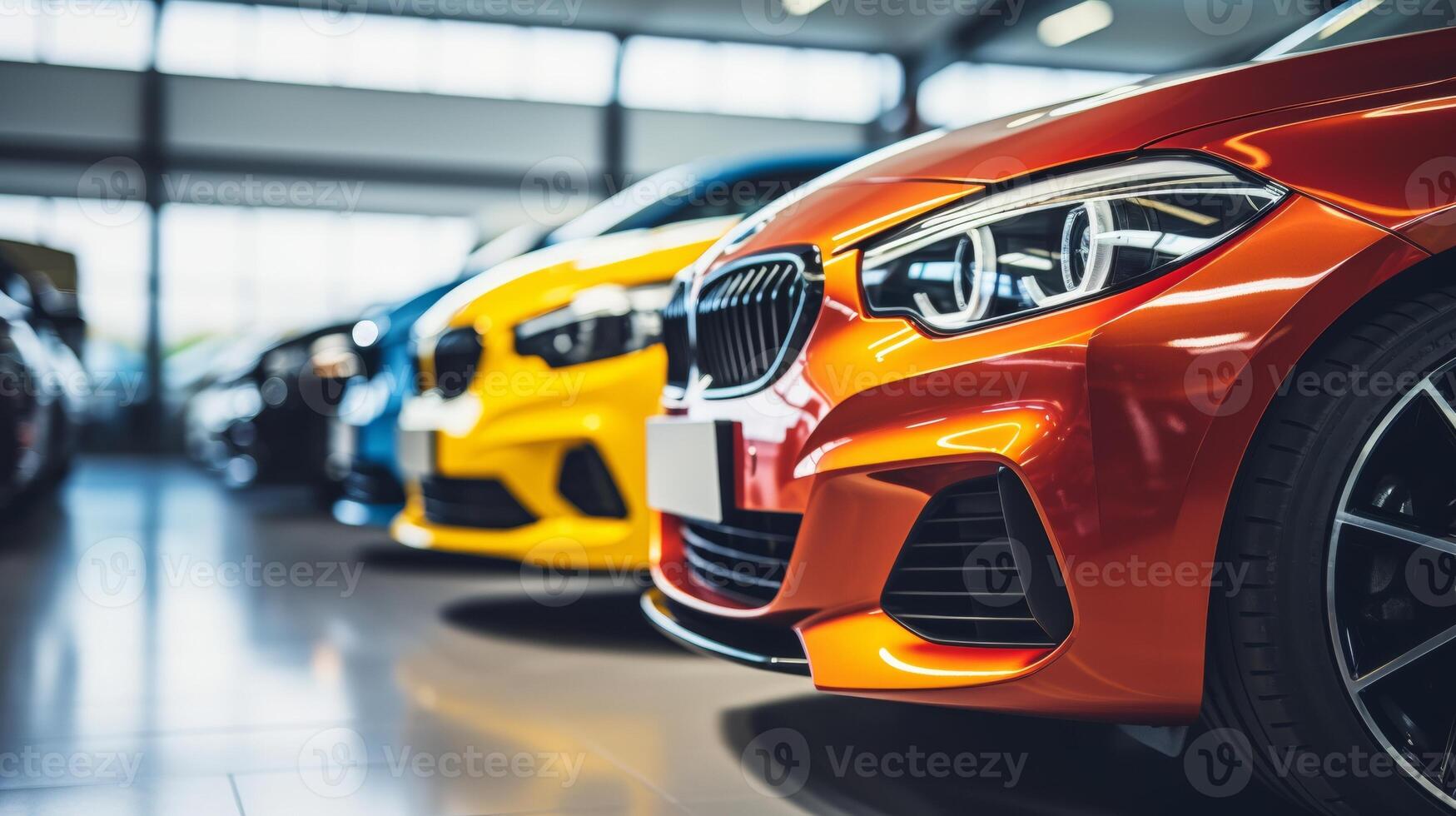 AI generated A close-up view of a shiny red car in a showroom with other vehicles in the background. The focus is on the front headlight and grille area photo
