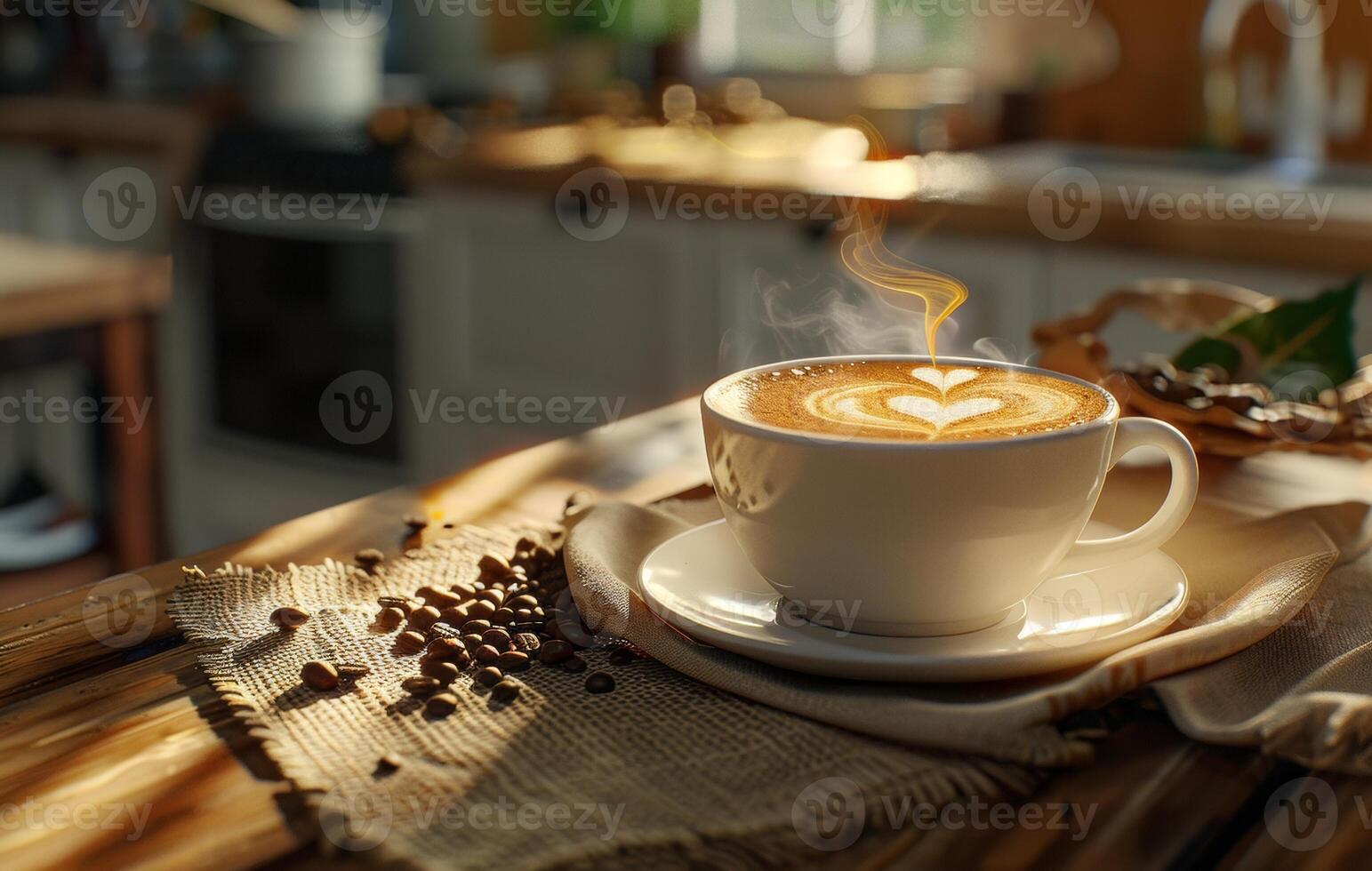 AI generated A steaming cup of coffee with latte art on a saucer decorated with coffee beans, on a rustic wooden table in a cozy kitchen setting photo
