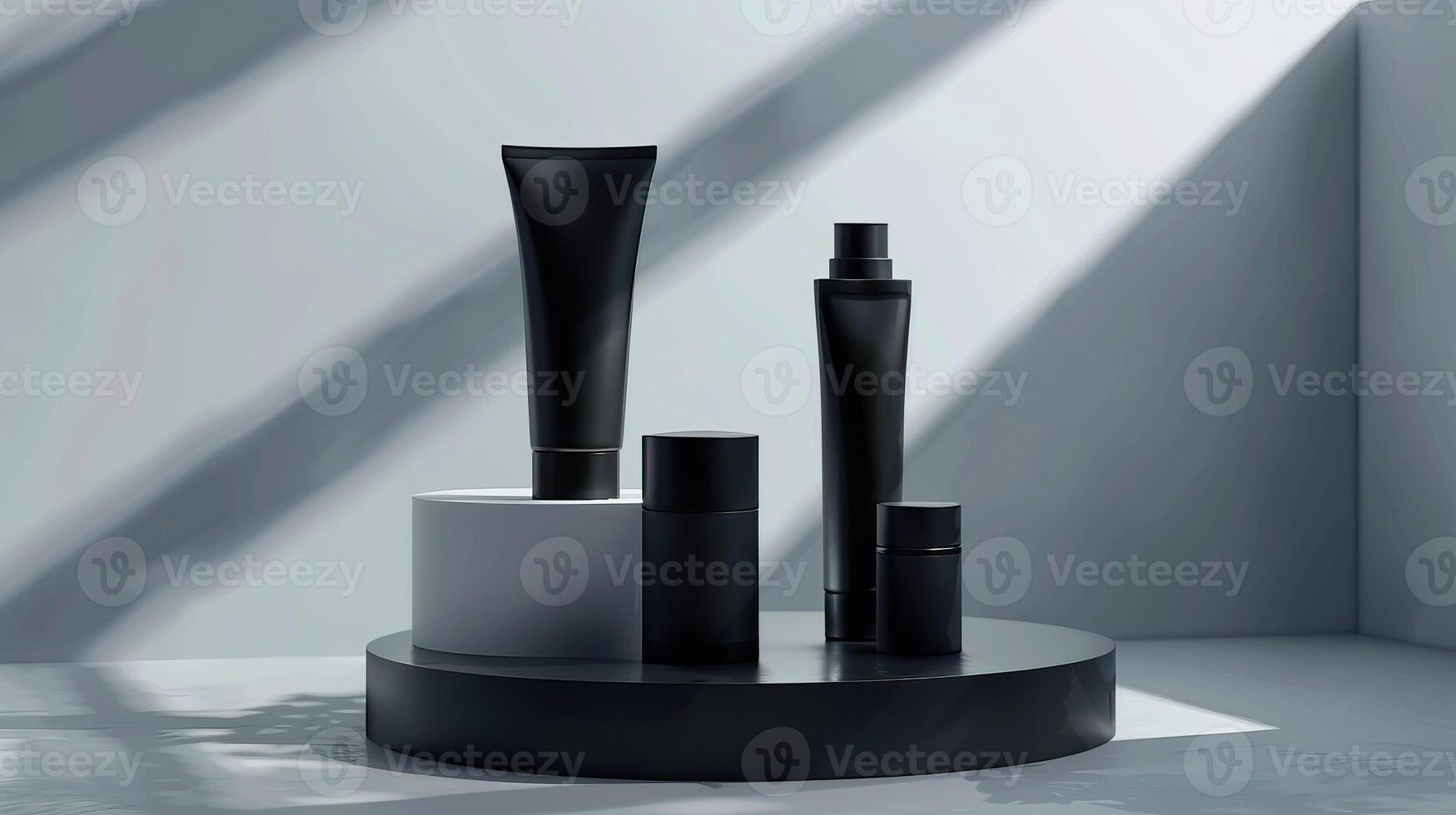 AI generated A collection of unbranded black beauty product packaging on a circular platform with a textured dark background illuminated by a slanted light beam, stand with copy space for text photo