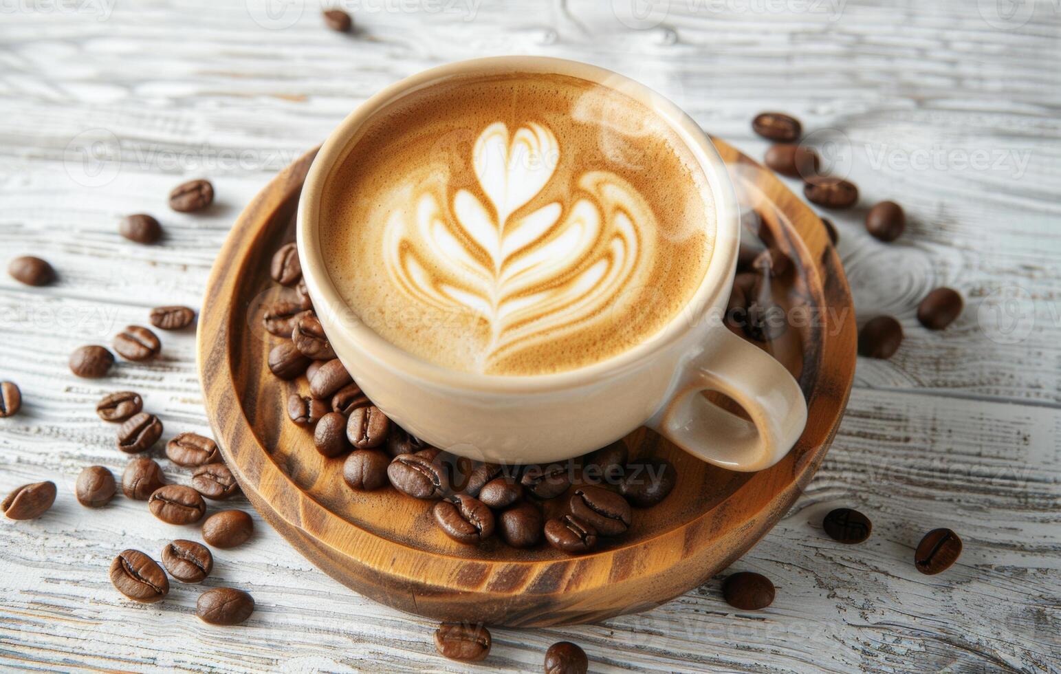 AI generated A top-down view of a cup of latte with artistic foam, surrounded by coffee beans on a wooden tray and white textured surface photo