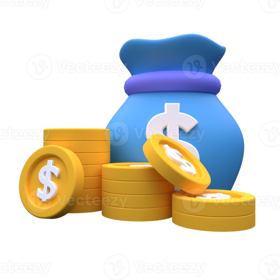 Unique Money saving bag coin dollar stacks 3D rendering icon illustration simple.Realistic illustration. png