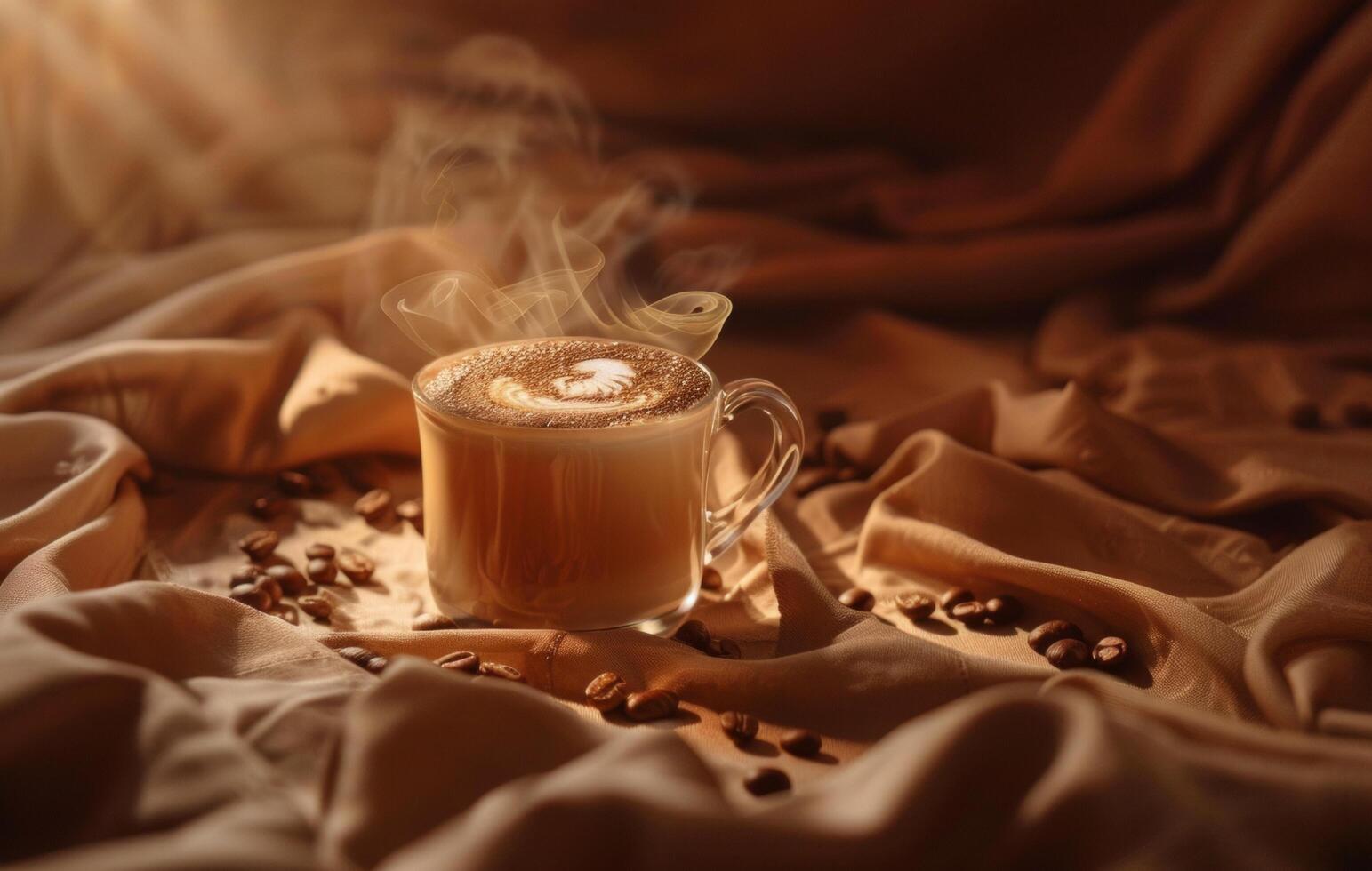 AI generated A warm and inviting cup of latte art on a saucer surrounded by coffee beans, exuding steam, set against a soft, textured backdrop photo