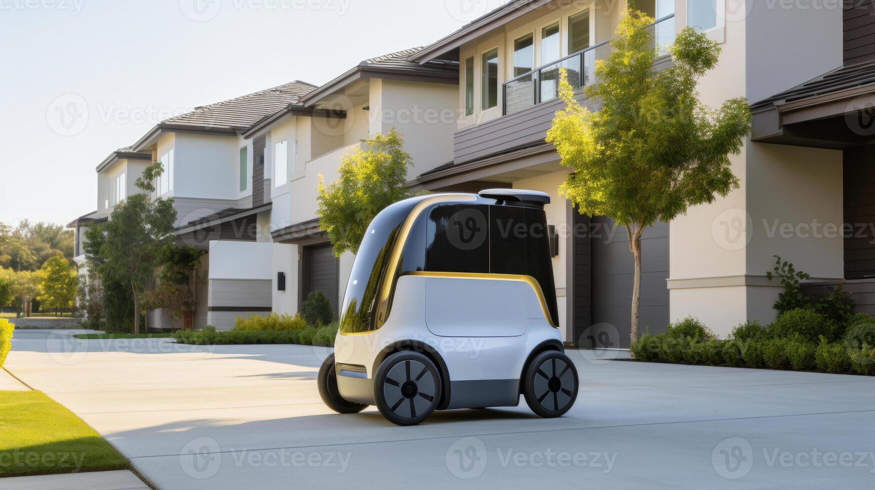 AI generated Autonomous electric delivery vehicle parked in front of a modern suburban home, the side door sliding open to reveal an array of parcels and grocery bags for contactless delivery photo