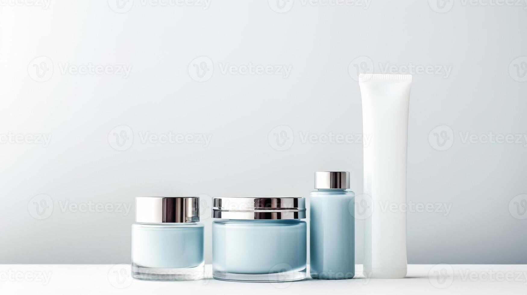 AI generated A collection of cosmetic mockup bottles and a tube on a light background, perfect for branding designs photo