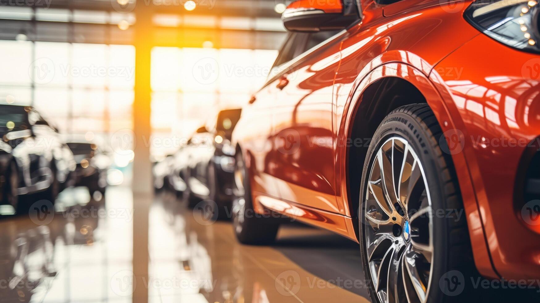 AI generated A close-up view of a shiny red car in a showroom with other vehicles in the background. The focus is on the front headlight and grille area photo