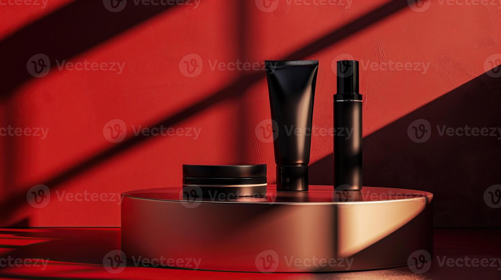 AI generated Black beauty products on a circular pedestal against a red backdrop with dramatic light and shadow play. Mockup, template photo