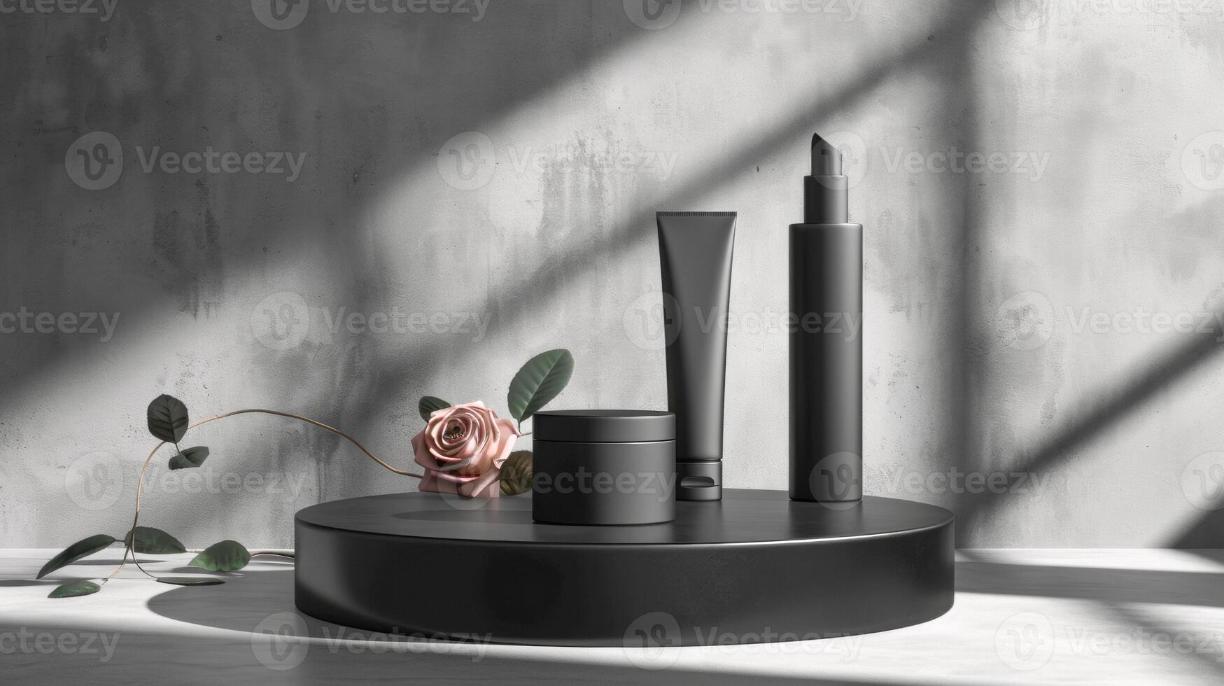 AI generated A collection of unbranded black beauty product packaging on a circular platform with a textured dark background illuminated by a slanted light beam, stand with copy space for text photo
