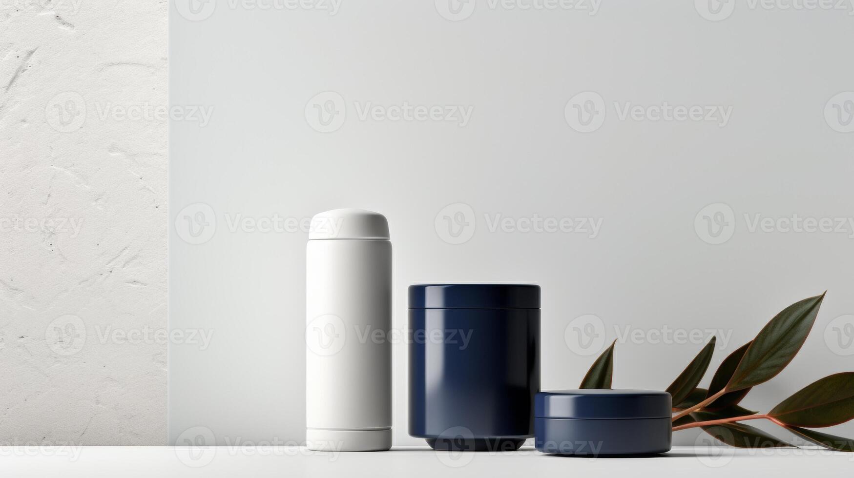 AI generated Three minimalist cosmetic jars in navy blue are displayed against a soft gradient background, perfect for beauty branding photo