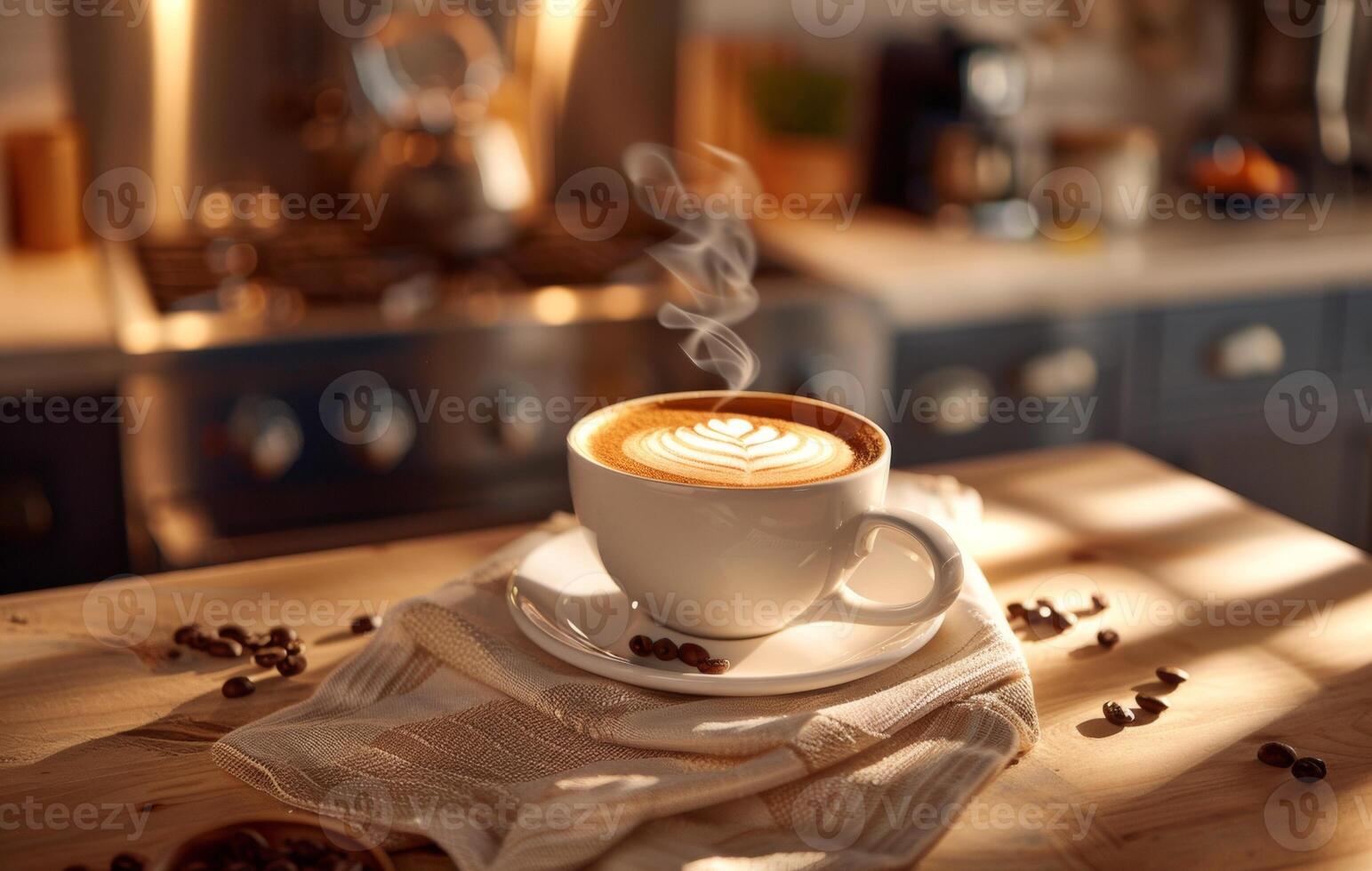 AI generated A steaming cup of coffee with latte art on a saucer decorated with coffee beans, on a rustic wooden table in a cozy kitchen setting photo